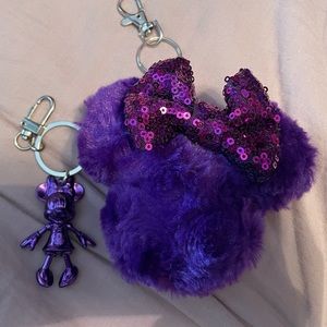 Purple Sequin Minnie Mouse Fuzzy Pom Pom Keychain